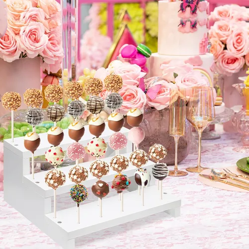 Vista 5 de Soporte de madera para piruletas de pastel, soporte de exhibición de 3 niveles, blanco, con 33 agujeros, soporte para piruletas con lazos