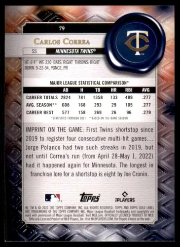 Vista 2 de Baseball Trading Card MLB 2022 Topps Gold Label Class 1#79 Carlos Correa NM Near Mint Twins