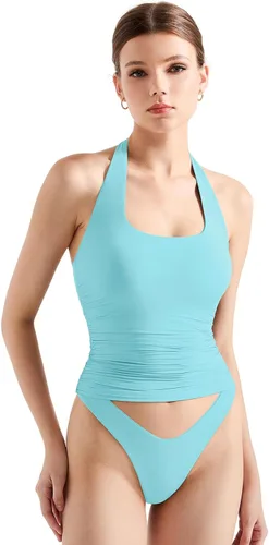 SUUKSESS Camisetas sin Mangas para Mujer con Cuello Halter Forro Doble Sin Espalda Y2K Modernas para Salir Aguamarina