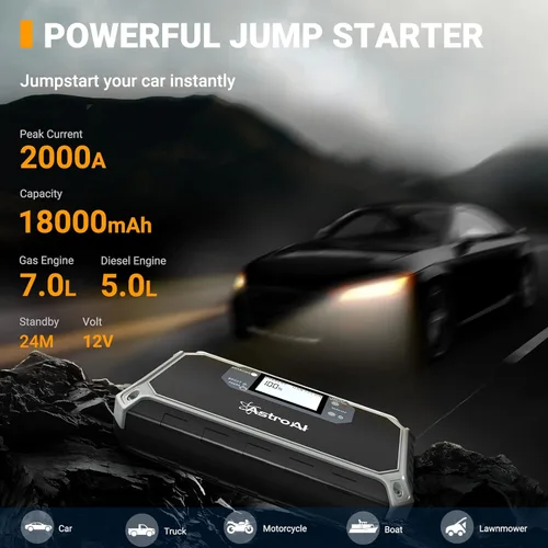 Vista 3 de AstroAI Compresor de aire para inflador de neumáticos portátil y AstroAI para coche 2000 A gran pantalla LCD digital