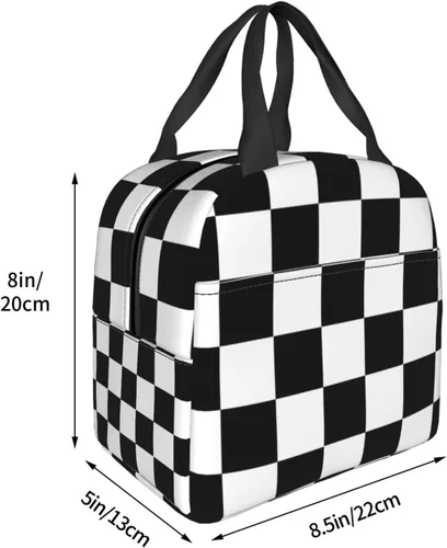 Vista 2 de Fiokroo Lonchera aislada con estampado a cuadros blancos y negros y negros, bolsa de almuerzo reutilizable para escuela, trabajo, universidad