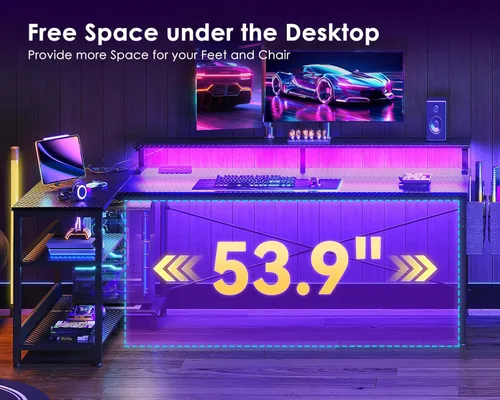 Vista 27 de ODK Escritorio para juegos de 40 pulgadas con tomas de alimentación USB y luces LED, escritorio reversible en forma de L con estantes de Superficie