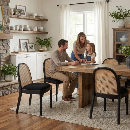 Vista 16 de DUOMAY Mid-Century - Juego de 2 sillas de comedor de ratán modernas, sillas de comedor de madera con respaldo de caña y asiento acolchado, silla