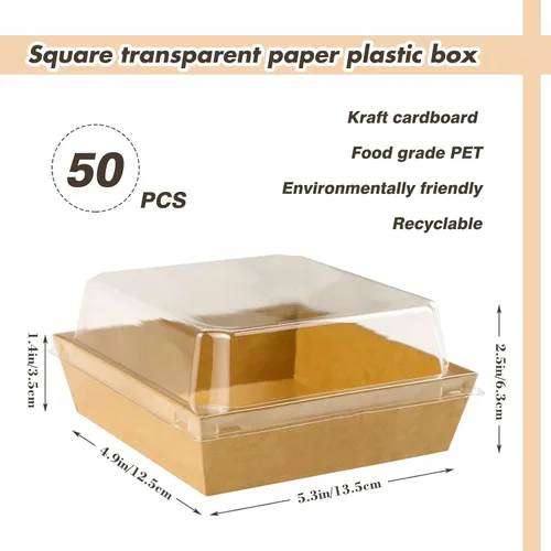 Vista 2 de Paquete de 50 cajas de charcutería con tapas transparentes, caja de papel desechable cuadrada marrón de 5 pulgadas, recipientes de alimentos