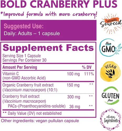 Vista 4 de Bold Cranberry Plus Extract – 100% soluble 36 mg PAC – Suplemento de arándano para mujeres y hombres con soporte del tracto urinario, vitamina C sin
