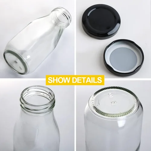 Vista 3 de QAPPDA Botellas de vidrio de 12 onzas, botellas de leche de vidrio transparente con tapas herméticas de metal negro, recipiente vintage para batidos