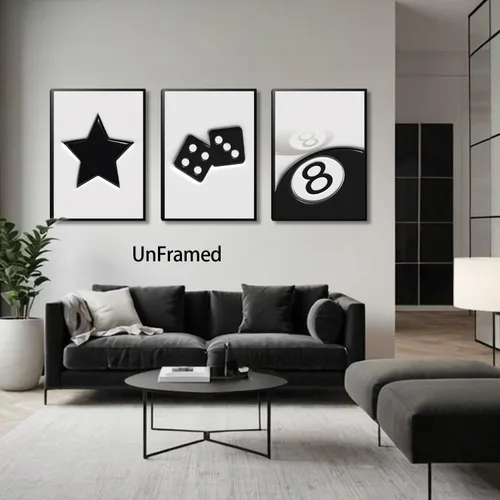 Vista 5 de Conjunto de 3 pósteres de dados en blanco y negro para pared, pinturas decorativas retro funky Y2k de 8 bolas, pósteres funky afortunados y Bola