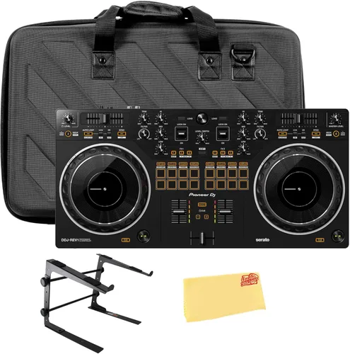Pioneer DDJ-REV1 Controlador DJ de 2 canales estilo Scratch para Serato DJ Lite - Paquete negro con estuche para DJ, soporte para laptop y paño de