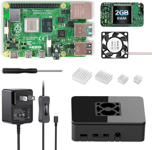 iRasptek Kit básico para Raspberry Pi 4B 2GB RAM incluido PI4 Caso, fuente de alimentación 5V 3A, ventilador de refrigeración y disipador de calor