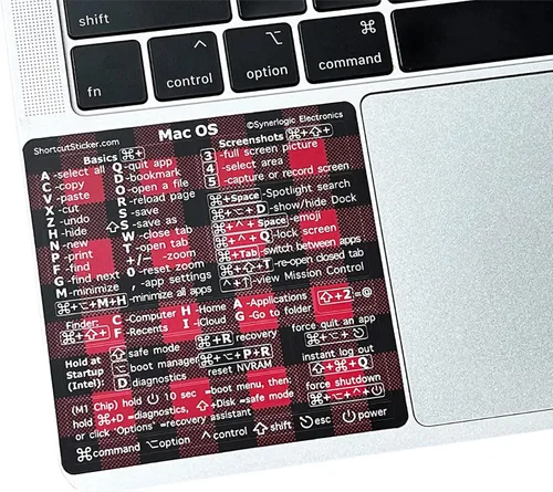 Vista 10 de Synerlogic (5 unidades) Pegatina de atajos de Mac OS, calcomanías de teclado para macOS, hoja de trucos de vinilo laminado para MacBook para laptop