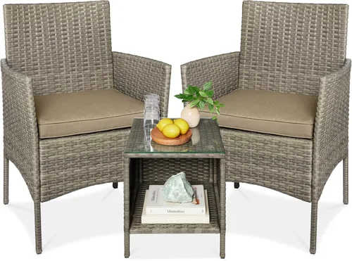 Vista 16 de Best Choice Products Juego de 3 piezas de mimbre para conversación al aire libre, muebles de patio que ahorran espacio para jardín con mesa