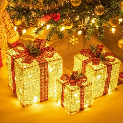 Sunnyglade Juego de 3 cajas de regalo iluminadas de Navidad de 10 a 8 a 6 pulgadas, cajas de decoración con enchufe, lazos, hojas de pino