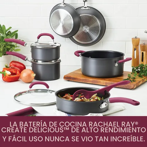 Vista 2 de Rachael Ray Create Delicious - Juego de ollas y sartenes antiadherentes anodizadas duras, 11 piezas, asas burdeos Asas Borgoña