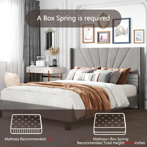 Vista 9 de Base de cama de plataforma tamaño Queen con cabecera tapizada de terciopelo y soporte de listones de madera, cama y cabecera tamaño Queen, no Beige