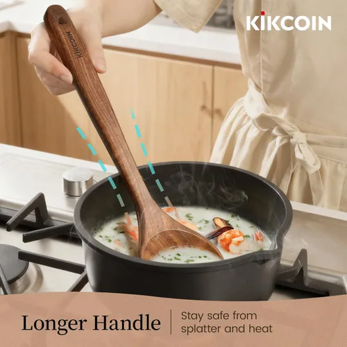 Vista 4 de Kikcoin Juego de utensilios de cocina de madera, 7 cucharas de madera maciza de teca para cocinar con mango largo, juego de utensilios de cocina