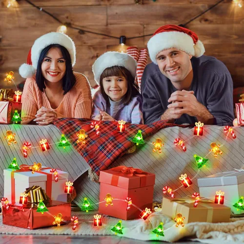 Vista 6 de Luces de Navidad que funcionan con pilas, 32 luces LED para árbol de Navidad, árbol de jengibre, bastón de caramelo, caja de regalo, guirnalda