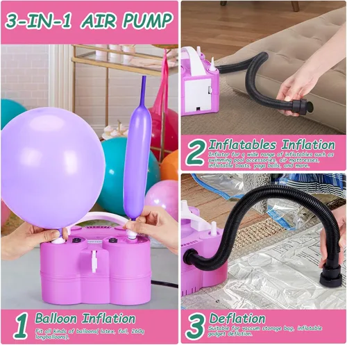 Vista 3 de AGPTEK Electric Air Balloon Pump, 110V 600W Rose Red Portable Dual Nozzle Inflator/Blower for Party Decoration