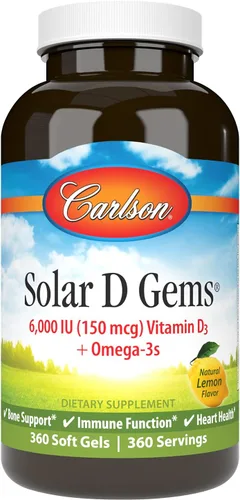 Carlson - Gemas solares D, suplemento de vitamina D3 y Omega-3, 6000 UI (150 mcg) de vitamina D3, 115 mg de Omega-3 EPA y DHA Suplemento, capturado