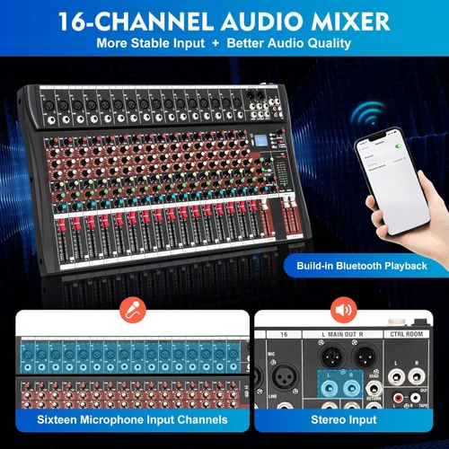 Vista 39 de Mini mezcladores de DJ de 5 canales, mezclador de audio en vivo, tablero de sonido con USB, interfaz de audio con 48 V Phantom Power Sonidos