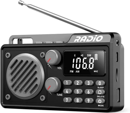 Radio portátil AM FM 1500mAh recargable con la mejor recepción, radio de onda corta transistor, altavoz inalámbrico Bluetooth, con pantalla LCD