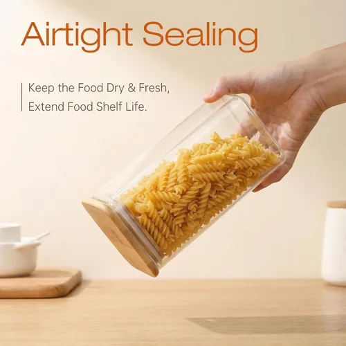 Vista 5 de Tamaño múltiple - Juego de 5 frascos cuadrados de vidrio con tapas de bambú, recipientes de vidrio para almacenamiento de alimentos con tapas