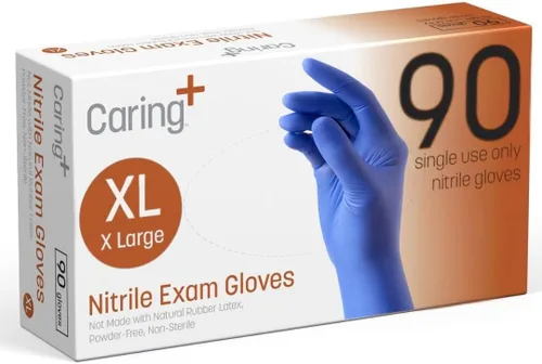 Vista 9 de Guantes de examen de nitrilo Caring, azules, sin polvo, guantes desechables para atención médica, primeros auxilios, limpieza, preparación