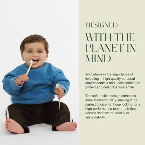 Vista 6 de Plus Ultra Cepillo de dientes de bambú para niños, biodegradable, ecológico y sin BPA, cepillo de dientes de cerdas suaves, aprobado por dentistas