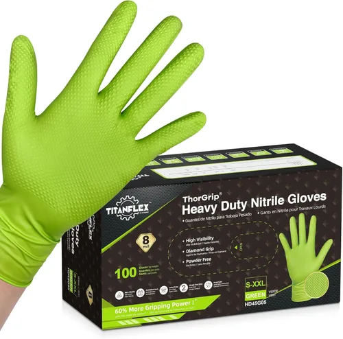 TitanFlex Heavy Duty Industrial Nitrile Gloves with Raised Diamond Texture, 8-mil, Latex Free (Green/Dark Green/Yellow)