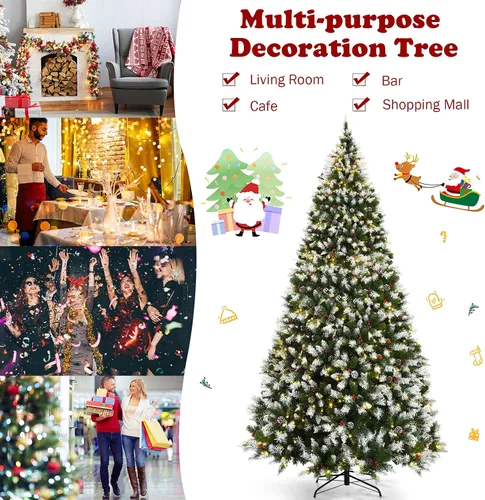 Vista 8 de Happygrill - Árbol de Navidad artificial preiluminado de 2.7 m con nieve, decoración de Navidad con 900 luces LED blancas cálidas preencordadas