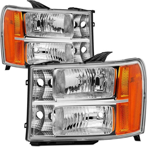 Vista 7 de Par de conjunto de faros compatible con GMC Sierra 1500 2007-2013/Sierra 2500HD 3500HD 2007-2014, par de faros con carcasa negra y reflector ámbar