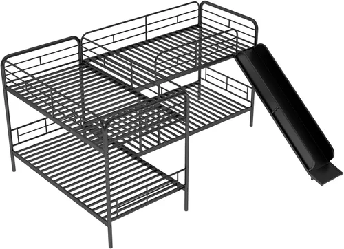 Vista 22 de Bellemave Literas triples, literas en forma de L de tamaño individual sobre cama matrimonial adjunta a una cama alta con escritorio, literas triples
