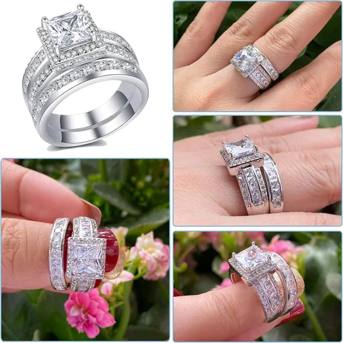 Vista 4 de 3Ct Princess Wedding Rings for Women Engagement Ring Set Bands 18k White Gold Plated Halo Cz Size 6-10