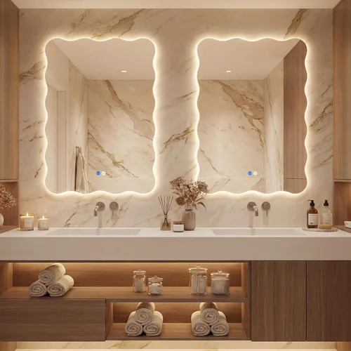 Vista 14 de Dorlicecass Espejo de pared irregular, espejos decorativos de 20 x 36 pulgadas, espejo asimétrico negro de vidrio templado, marco de aleación