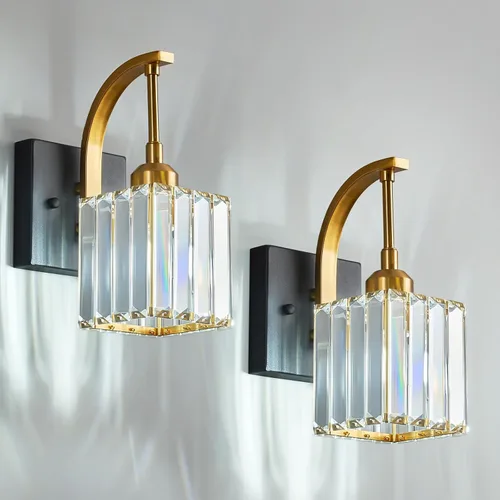 Vista 64 de Lámpara de tocador de cristal de 4 luces, aplique de pared de baño cromado moderno con pantallas de cristal K9, 32.67" de largo, iluminación sobre