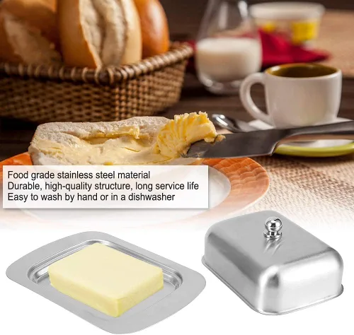 Vista 3 de Mantequillera con tapa, recipiente de mantequilla de acero inoxidable para mantequilla y queso, caja de almacenamiento de mantequilla con asa