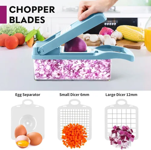 Vista 3 de MAIPOR Picadora de verduras Pro, picadora de alimentos multifuncional 13 en 1, cortadora de verduras de cocina con 8 cuchillas para cebolla, Azul