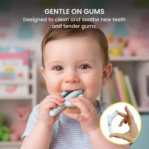 Vista 6 de Lulyboo Cepillo de dientes de entrenamiento para bebé, cepillo de dientes de dentición de silicona, alivio del dolor para dentición, 0-12 meses Azul