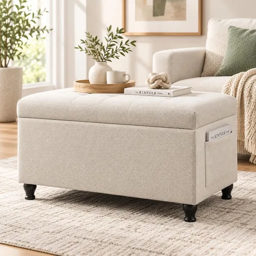 Asense Banco otomano de almacenamiento, asiento de lino con bolsillos 31.9"Beige
