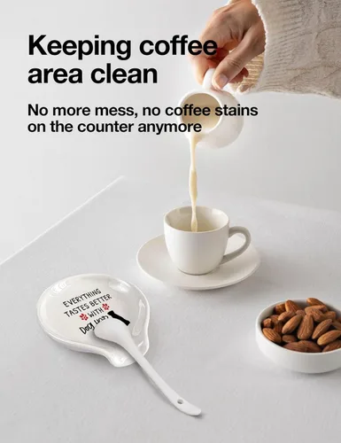 Vista 3 de WHING - Divertido soporte para cuchara de té de café de cerámica blanca, todo sabe mejor con pelo de perro, decoración de estación de café