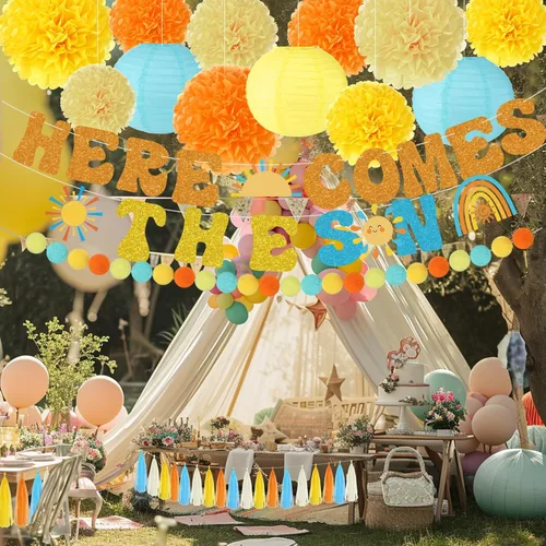 Vista 5 de TaoBary Banner de ducha con temática de «Here Comes The Sun» «Here Comes The Son» para baby shower, con pompones de seda, farol de papel, bohemio