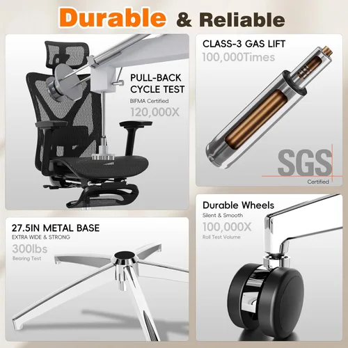 Vista 9 de GABRYLLY Silla de oficina ergonómica con reposapiés, silla de escritorio reclinable de 135° con soporte lumbar ajustable, reposabrazos 3D