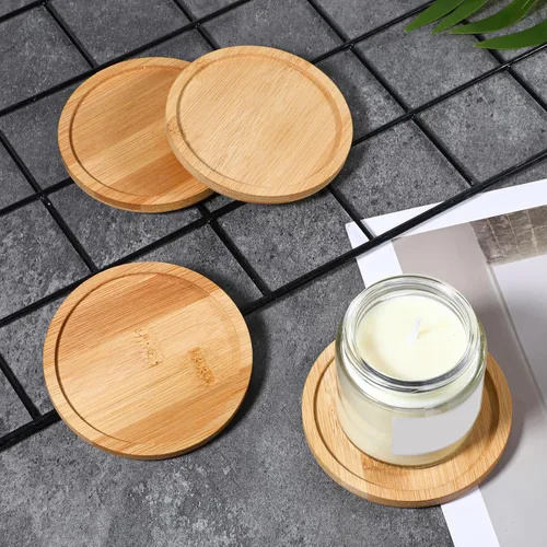 Vista 7 de Paquete de 4 portavelas de madera de 3.5 pulgadas, bandeja de bambú rústico, bandejas redondas de madera, decoración del hogar, centro de mesa