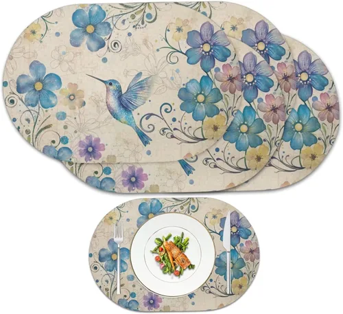 Vista 48 de Blue Flower Dining Table Mats Set of 2 Hummingbird Heat Resistant Placemats Washable and Wipeable Non Slip Place Mat, Waterproof Modern Dining Table