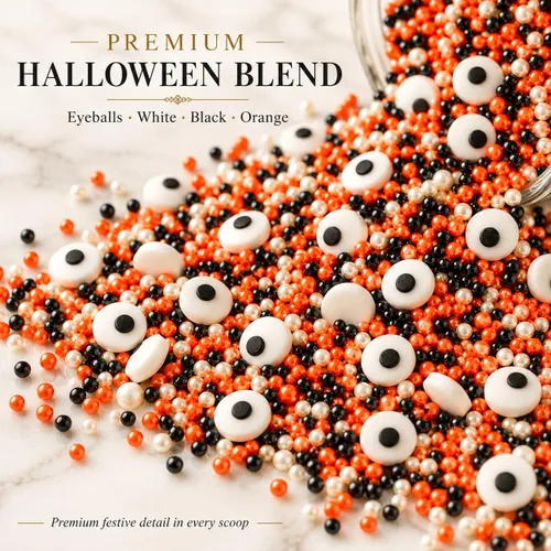 Vista 2 de Confect Spooky - Mezcla de chispas de Halloween, bolas de discoteca color naranja fantasma, negro y blanco espectral con ojos de caramelo