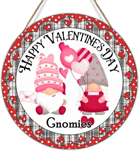 Letrero de madera con diseño de gnomos de feliz día de San Valentín, corona de corazón rojo, gnomo rosa, regalo para el día de San Valentín para