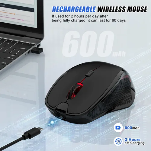 Vista 5 de Mouse inalámbrico Bluetooth para Mac Pro MacBook, mouse ergonómico recargable con modo Jiggler, 3 modos Bluetooth 5.2/3.0 y 2.4G USB-A/USB-C Negro