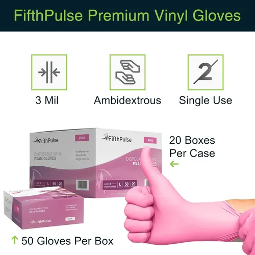 Vista 6 de FifthPulse - Guantes desechables de vinilo color rosa, sin polvo y sin látex, guantes para examen médico