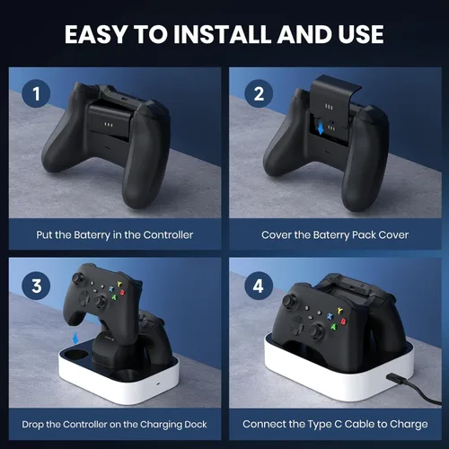 Vista 6 de NEWDERY Controller Charger Station for Xbox, 2x1100mAh Rechargeable Battery Packs for Xbox One/Series X S Controller, Fast Charging Dock with 4