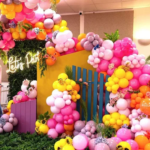 Vista 7 de Guirnalda de globos de color rosa y amarillo intenso, naranja mate, morado, amarillo, doble relleno, lavanda, kit de arco de globos de látex