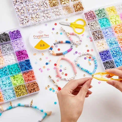 Vista 8 de INSCRAFT Juego de 11000 cuentas de arcilla para hacer pulseras, 48 colores, cuentas planas y redondas de arcilla polimérica, kit de pulsera